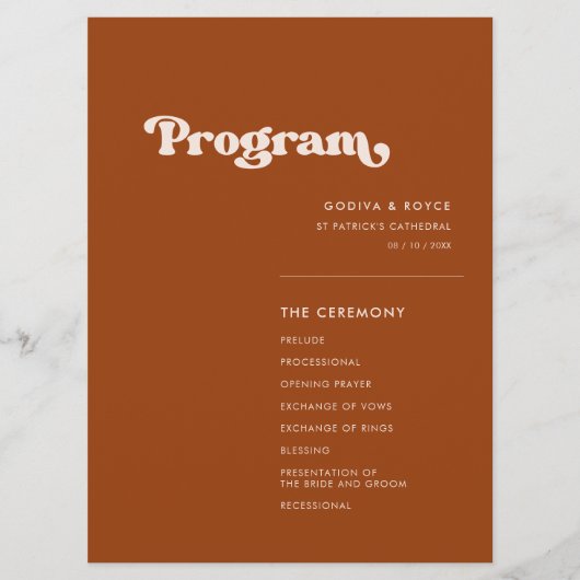 Stilvolles Retro-Orangenhochzeitprogramm Programm (Vorderseite)