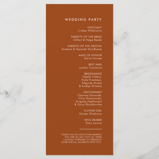 Stilvolles Retro-Orangenhochzeitprogramm Programm (Rückseite)