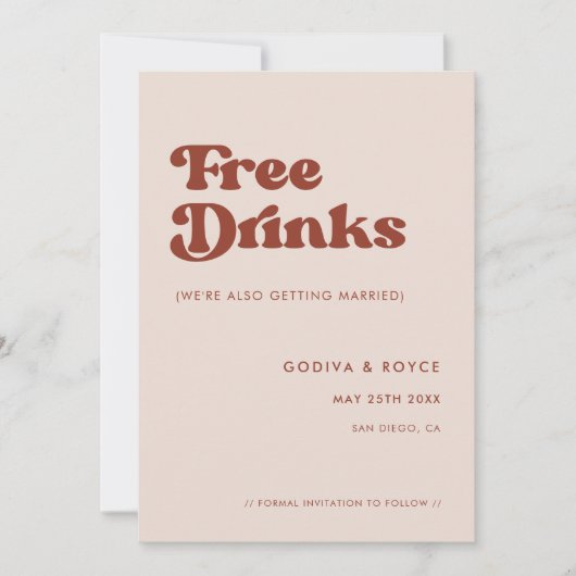 Stilvolles Retro Peach Pink Freie Getränke Save The Date (Vorderseite)