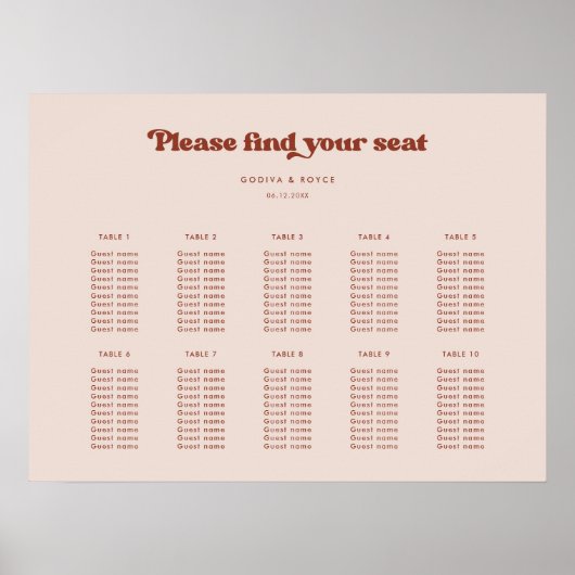 Stilvolles Retro Peach Pink Wedding Chart Poster (Vorne)