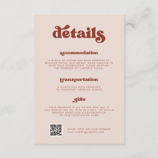 Stilvolles Retro Peach Pink Wedding Details QR Cod Begleitkarte (Vorderseite)