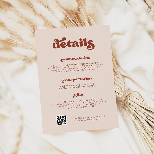Stilvolles Retro Peach Pink Wedding Details QR Cod Begleitkarte