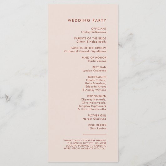 Stilvolles Retro-Pfirsichrosa Hochzeitsprogramm Programm (Rückseite)