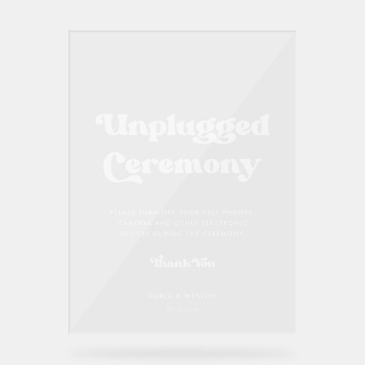 Stilvolles Retro Unplugged Zeremonie Hochzeit Klar Acrylschild (Vorderseite)