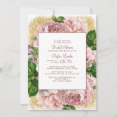 Stilvolles Rosa Blume Gold Glitzer Brautparty Einladung (Vorderseite)