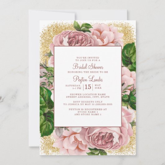 Stilvolles Rosa Blume Gold Glitzer Brautparty Einladung (Vorderseite)