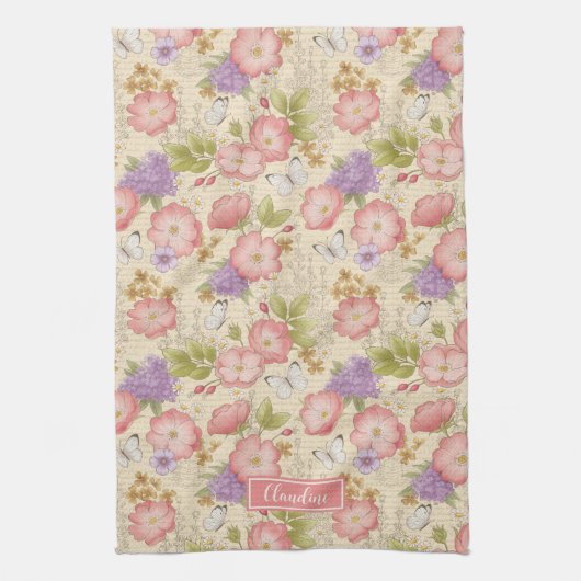 Stilvolles rosa Botanisches Blumenmuster Geschirrtuch (Vertikal)