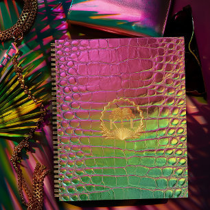 Stilvolles Rosa Grün Irisierendes Croc Monogramm Notizblock