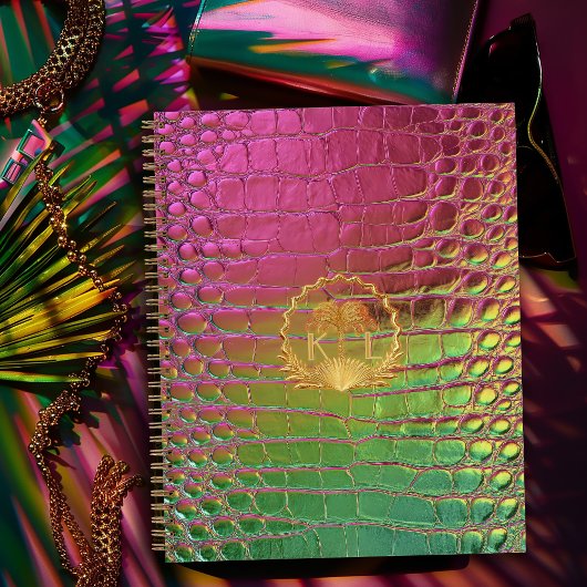 Stilvolles Rosa Grün Irisierendes Croc Monogramm Notizblock