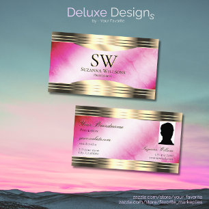 Stilvolles rosa Marmor Goldrand Monogramm und Foto Visitenkarte