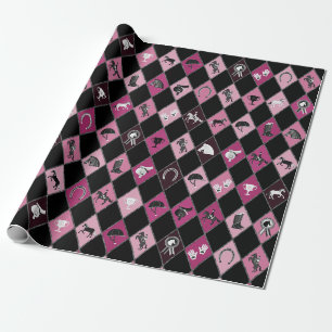 Stilvolles rosa schwarzes Reittier Diamantenmuster Geschenkpapier