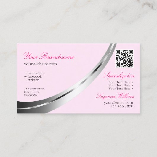 Stilvolles rosa Silber-Dekor mit Logo und QR-Code Visitenkarte (Rückseite)