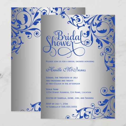 Stilvolles Royal Blue and Silver Wirbel Brautparty Einladung (Vorne/Hinten)