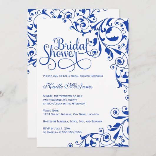 Stilvolles Royal Blue Wirbel Brautparty Einladung (Vorne/Hinten)