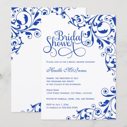 Stilvolles Royal Blue Wirbel Brautparty Einladung (Vorne/Hinten)