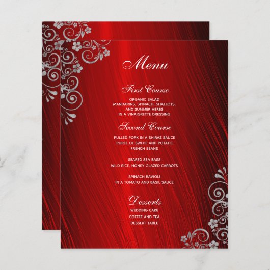 Stilvolles Ruby Red Gray Swirl Wedding Menu (Vorne/Hinten)