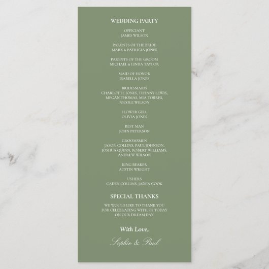 Stilvolles Sage Green Wedding Programm (Rückseite)