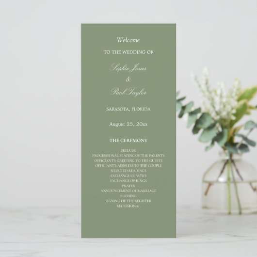 Stilvolles Sage Green Wedding Programm (Stehend Vorderseite)