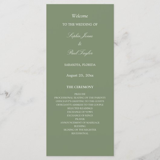 Stilvolles Sage Green Wedding Programm (Vorderseite)