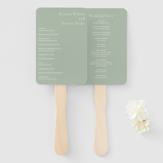 Stilvolles salbeigrünes modernes Hochzeitsprogramm Fächer (Vorne und Hinten)