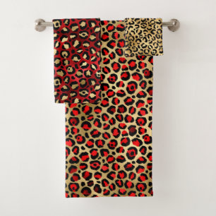 Stilvolles Scharlachrot und Goldfolie Leopard-Flec Badhandtuch Set