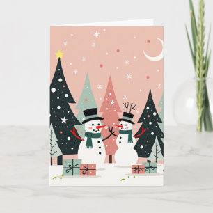 Stilvolles Schneemann-Duo Rosa Retro-Weihnachtskar Karte