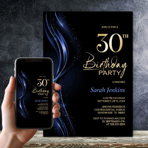 Stilvolles Schwarz/Blau 30. Geburtstag Party Einladung