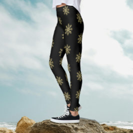 Stilvolles Schwarz-Gold-Glitzer-Snowflake-Muster Leggings
