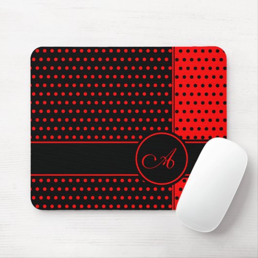 Stilvolles Schwarz-Rot-Polka-Punktmuster, Monogram Mousepad (Mit Mouse)