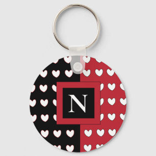Stilvolles Schwarz Rot Weiß Herzen Monogramm Schlüsselanhänger
