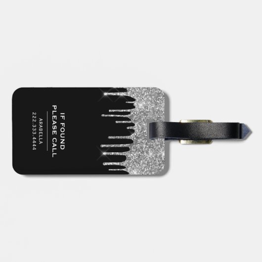 Stilvolles Schwarz-Silber-Glitzer Monogram Gepäckanhänger (Rückseite horizontal)