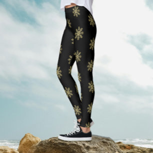 Stilvolles Schwarz und Gold Glitter Schneeflocken Leggings