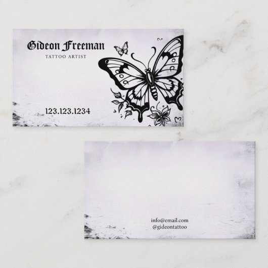 Stilvolles Schwarz & Weiß Butterfly Tattoo Shop Visitenkarte (Vorne/Hinten)