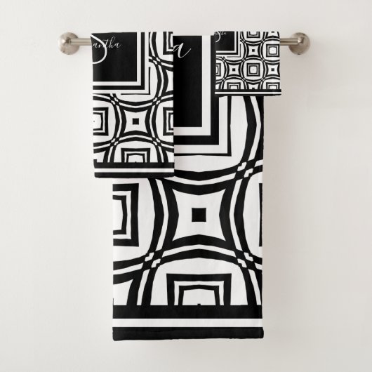 Stilvolles Schwarz-Weiß-Geometrisches Muster Monog Badhandtuch Set (Insitu)