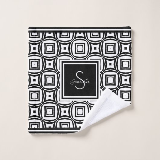 Stilvolles Schwarz-Weiß-Geometrisches Muster Monog Badhandtuch Set (Waschlappen)