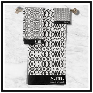 Stilvolles Schwarz-Weiß-Geometrisches Muster Monog Badhandtuch Set