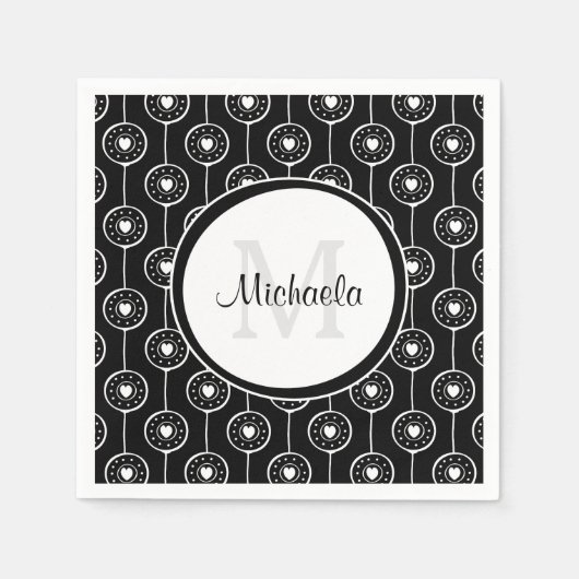 Stilvolles Schwarz-Weiß-Herz-Monogramm mit Name Serviette (Vorderseite)