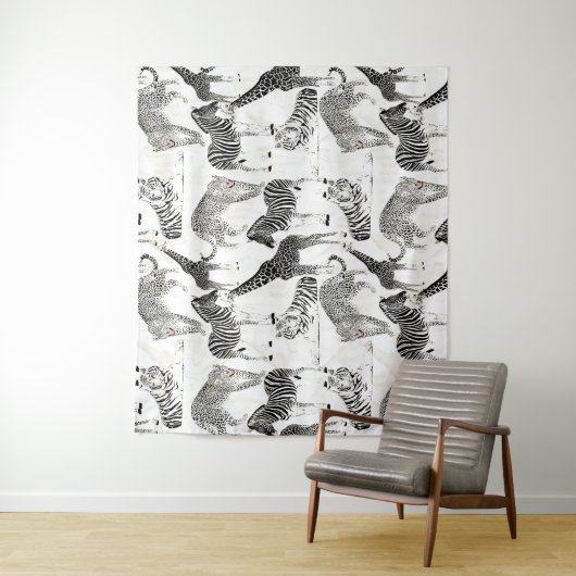 Stilvolles Schwarz-Weiß-Jungle-Tiermuster Wandteppich (Beispiel)