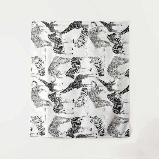 Stilvolles Schwarz-Weiß-Jungle-Tiermuster Wandteppich (Vorderseite)