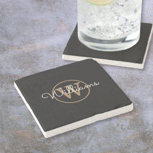 Stilvolles schwarzes Gold-Monogramm-Schriftname Steinuntersetzer