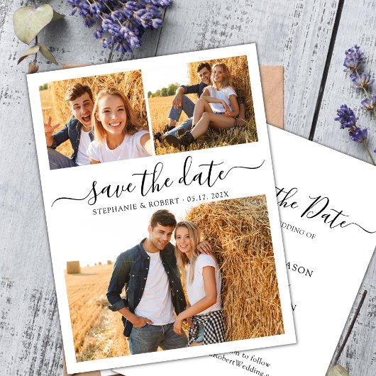 Stilvolles Script 3 Foto Collage Wedding Save The Date