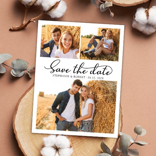 Stilvolles Script 3 Foto Collage Wedding Save The Date