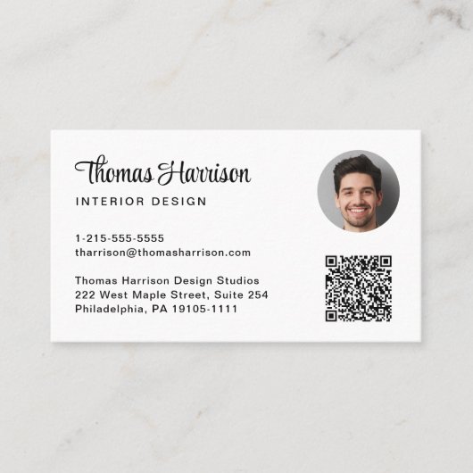 Stilvolles Script Beruflich Logo QR Code Foto Visitenkarte (Vorderseite)