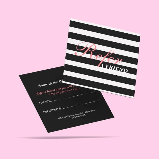 Stilvolles Script Black & White Stipes Beautician Empfehlungskarte