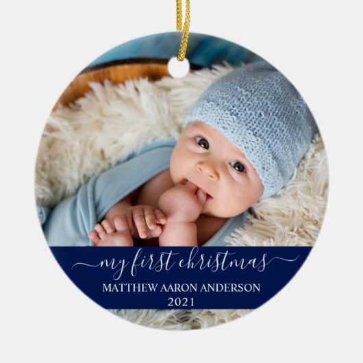 Stilvolles Script Blue My First Christmas Baby Keramik Ornament (Vorne)