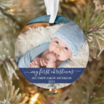 Stilvolles Script Blue My First Christmas Baby Ornament<br><div class="desc">Elegantes,  trendiges Script Mein erstes Weihnachtsbaby Foto Blue Ornament mit Snowflakes zurück</div>