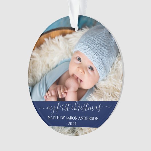 Stilvolles Script Blue My First Christmas Baby Ornament (Vorderseite)