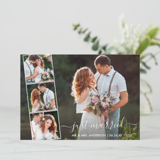 Stilvolles Script Just Married 4 Foto Ankündigung (Stehend Vorderseite)
