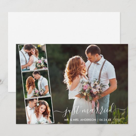 Stilvolles Script Just Married 4 Foto Ankündigung (Vorne/Hinten)