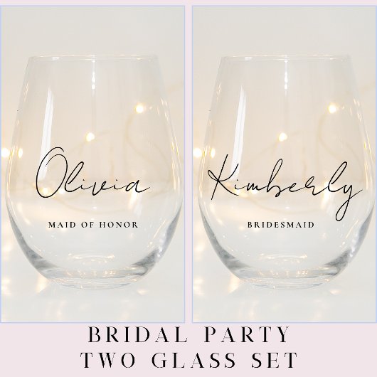 Stilvolles Script Monogram Brautparty Weinglas Ohne Stiel